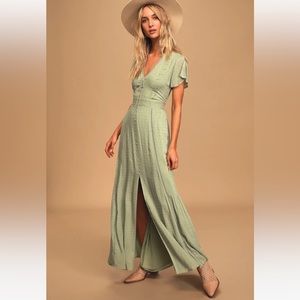 NWOT Lulus Completely In Love Sage Green Swiss Dot Button-Front Maxi Dress